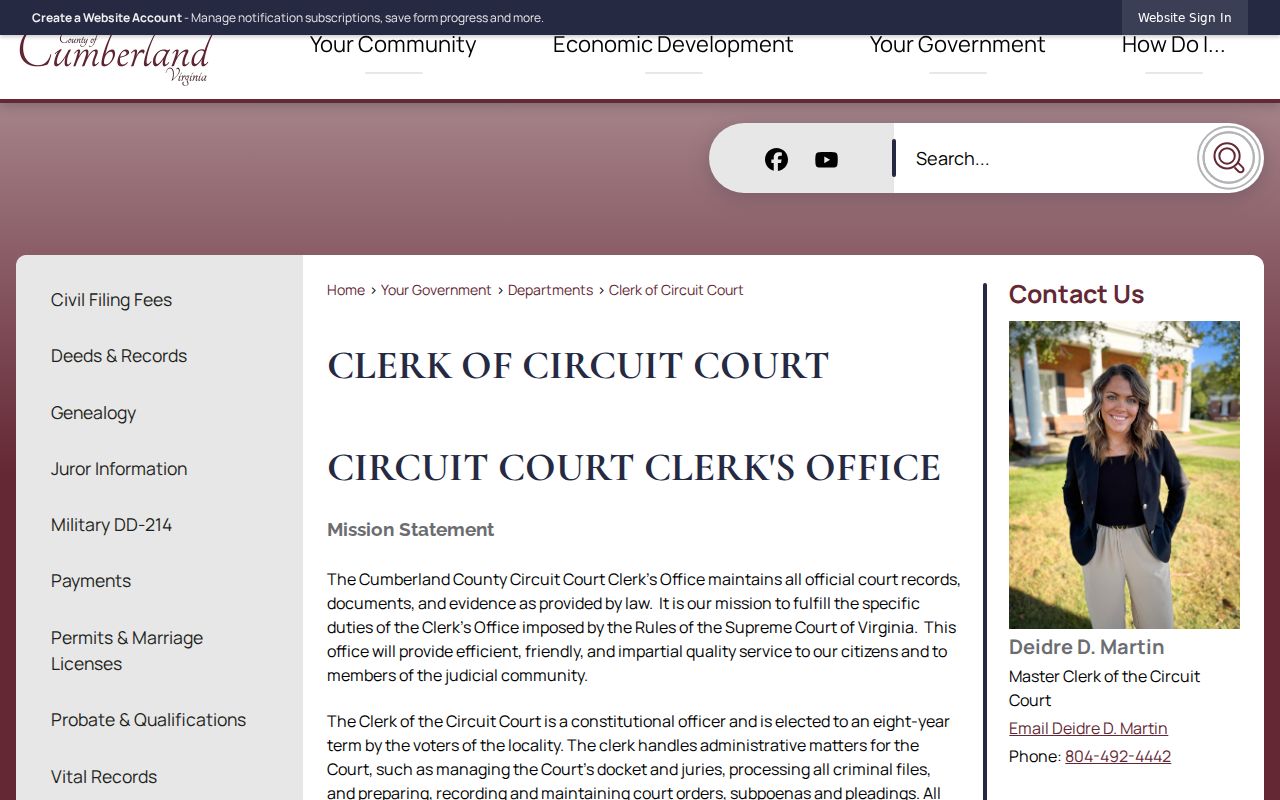 Cumberland County criminal history Circuit Court Clerk records page