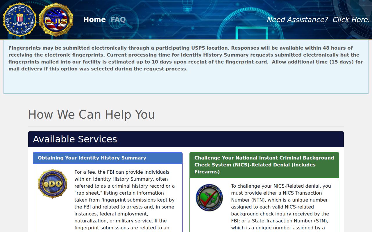 Cumberland County criminal history FBI identity review portal