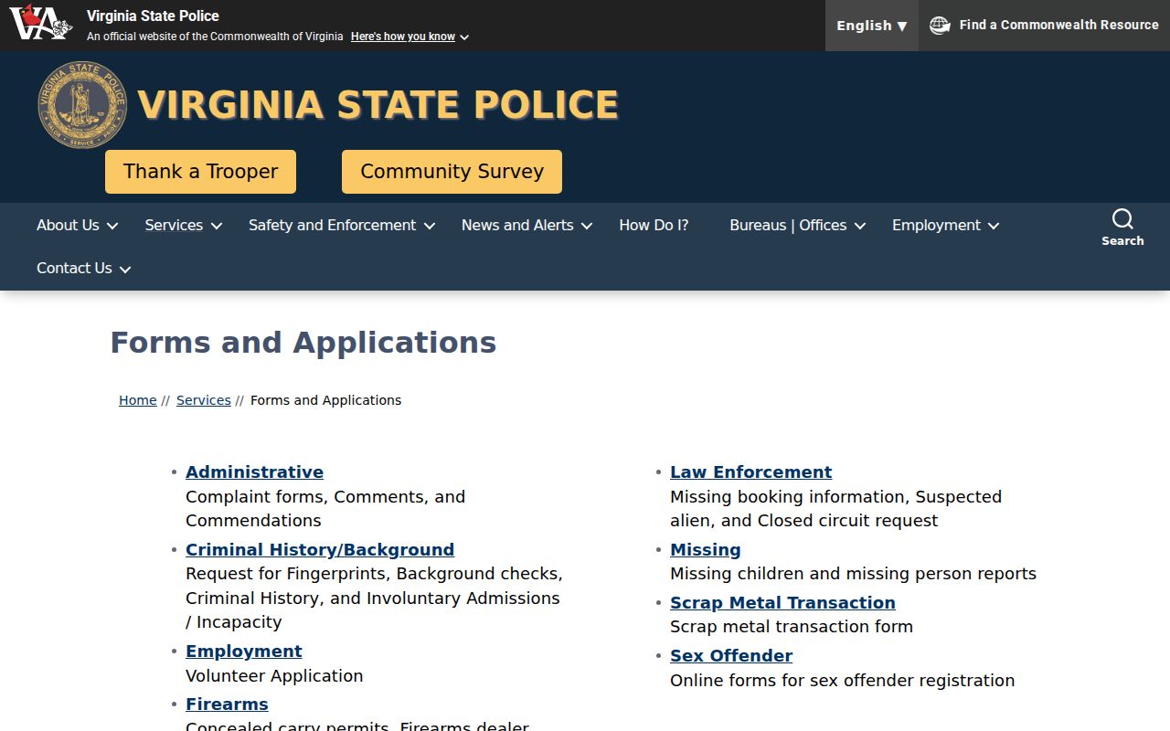 Cumberland County criminal records VSP forms index