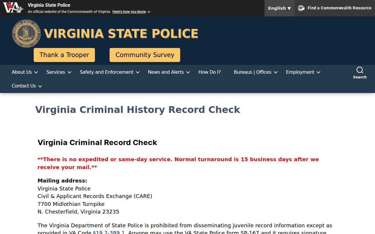 Cumberland County criminal history official Virginia background check options