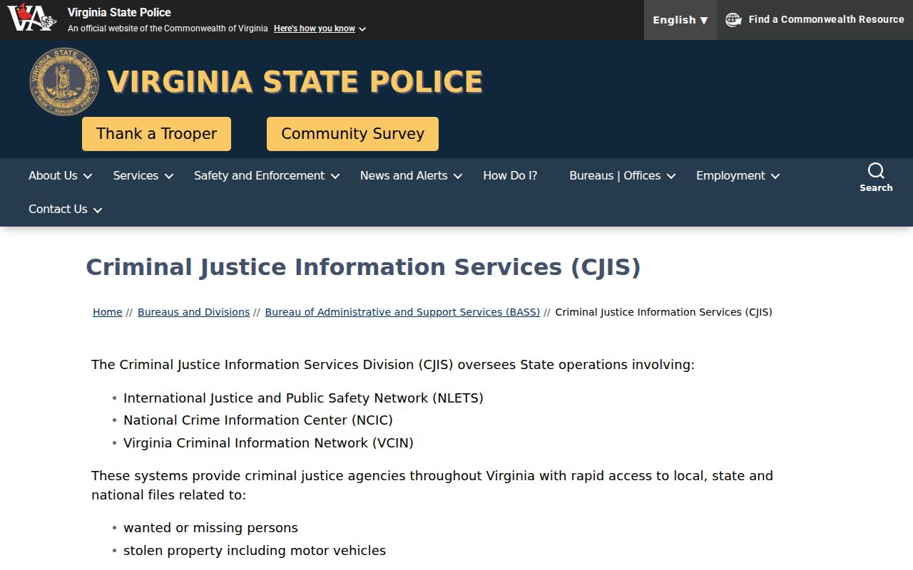 Cumberland County criminal history VSP CJIS services and contacts